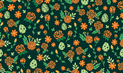 Unique Easter egg pattern background, with leaf and flower simple drawing.