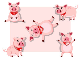Cute Pigs Cartoon Sticker Set. Vector Illustration With Cartoon Happy Animal
