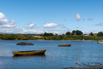 Fishing boats on Ancud Bay at Chiloe, Chile