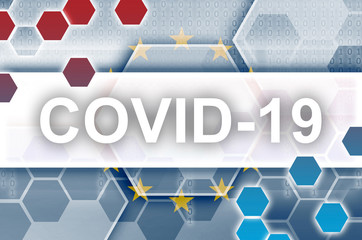 European union flag and futuristic digital abstract composition with Covid-19 inscription. Coronavirus outbreak concept