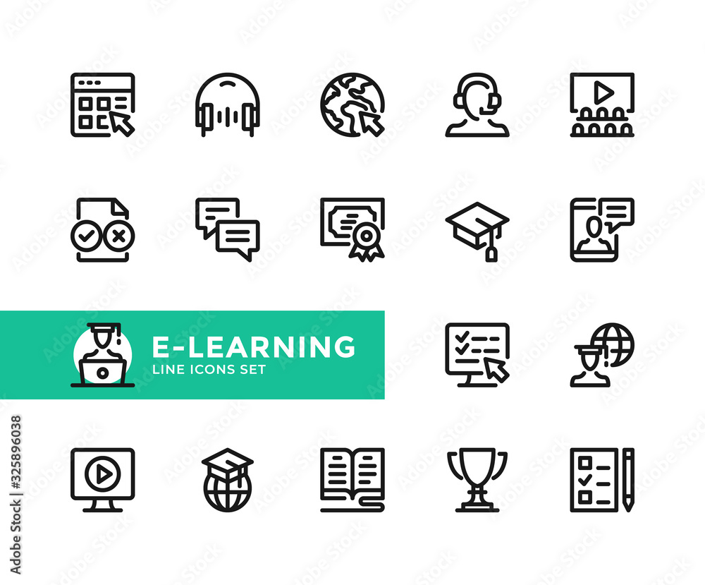 Poster e-learning vector line icons. simple set of outline symbols, graphic design elements. pixel perfect
