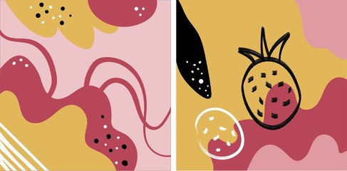 Collage style seamless repeat pattern with abstract and organic shapes in mustard yellow, pastel pink, gray, black and cream. Modern and original textile, wrapping paper, wall art design.