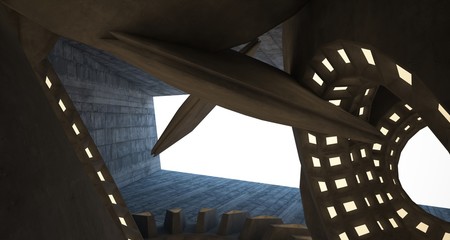 Obraz premium Abstract architectural concrete interior with discs. Neon lighting. 3D illustration and rendering.