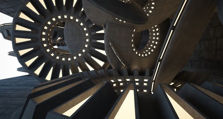 Abstract architectural concrete interior with discs. Neon lighting. 3D illustration and rendering.