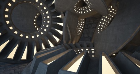 Abstract architectural concrete interior with discs. Neon lighting. 3D illustration and rendering.