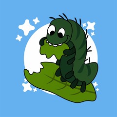Illustration of Green Caterpillars Eat Leaves, Cute Funny Character, Flat Design
