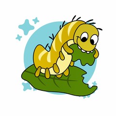 Illustration of Yellow Caterpillars Eat Leaves, Cute Funny Character, Flat Design