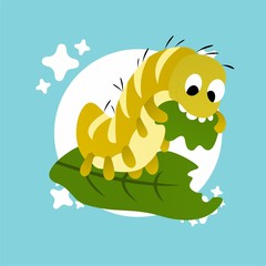 Illustration of Yellow Caterpillars Eat Leaves, Cute Funny Character, Flat Design