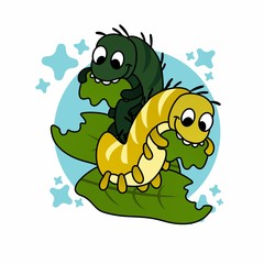 Illustration of Green and Yellow Caterpillars Eat Leaves, Cute Funny Character, Flat Design