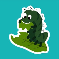 Sticker of Green Caterpillars Eat Leaves, Cute Funny Character, Flat Design