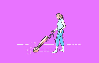 woman using an upright vacuum cleaner