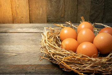 Chicken egg in nest on wooden table.