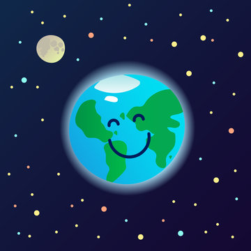 Happy planet Earth mascot in the space - healthy and clean smiling world, ecological card poster, banner, ad template, vector