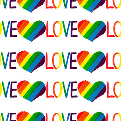 Seamless pattern handwritten word LOVE and hearts LGBT rainbow colors flag on white background isolated close up, LGBTQ repeating ornament, lesbian, gay etc symbol, love sign, art trendy print design