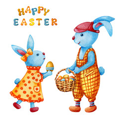 A happy bunny family celebrates Easter, meets spring, gives colored eggs. Hand drawn watercolor illustration white background. Cartoon drawing children's products.