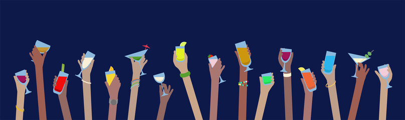 Hands with drinks banner of alcohol in glasses celebrate at Party - obrazy, fototapety, plakaty