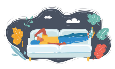 Man with headache, a hangover on sofa