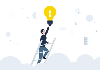 Man climbing up a ladder and catching a light bulb. Vector illustration for business.