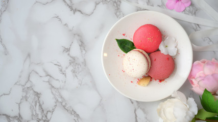 Overhead shot of Colourful Pastel Macarons on white ceramic plate with copy space, ribbon and flower decorated