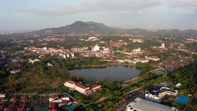 4k Aerial morning view town of Kulim, Kedah, Malaysia. The Kulim District is a district and town in the state of Kedah, Malaysia. It is located on the southeast of Kedah, bordering Penang. 