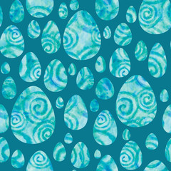 Fototapeta na wymiar Watercolor turquoise eggs on blue background. Bright Easter seamless pattern. Hand-painted texture with spiral, splashes, drops, gradients. Watercolor stock illustration. Happy Easter day.