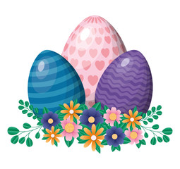 Happy easter eggs with flowers and leaves vector design