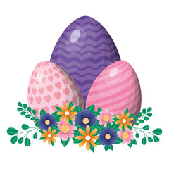Happy easter eggs with flowers and leaves vector design