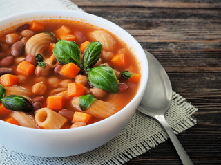 Minestrone soup with pasta and beans. Vegan food.