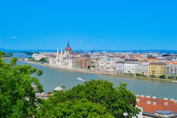 Fototapeta premium Budapest, Hungary - CIRCA 2013: Budapest cityscape as seen from Buda Castle. Danube River and Hungarian Parliament Building are visible.
