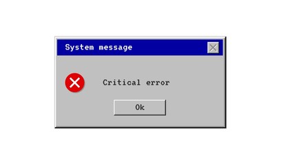 Critical error. System message window old style. Virus popup icon. Vector pc alert. Pixel interface