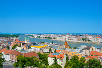 Budapest, Hungary - CIRCA 2013: Budapest cityscape as seen from Buda Castle. Danube River and...