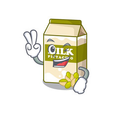 mascot of funny pistachio milk cartoon Character with two fingers