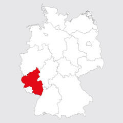 Rhineland-palatinate province highlighted germany map. Gray background. German political map.
