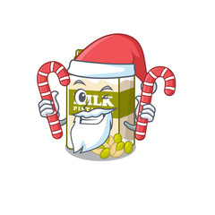 Pistachio milk Cartoon character wearing Santa costume bringing a candy