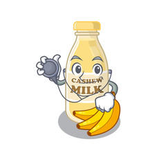 A mascot picture of cashew milk cartoon as a Doctor with tools