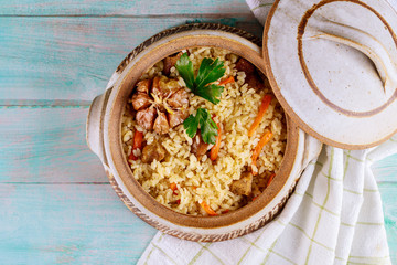 Rice pilaf with lamb, carrots, garlic and indian spices.