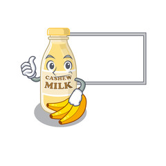 Thumbs up of cashew milk cartoon design having a board