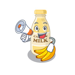 A mascot of cashew milk speaking on a megaphone