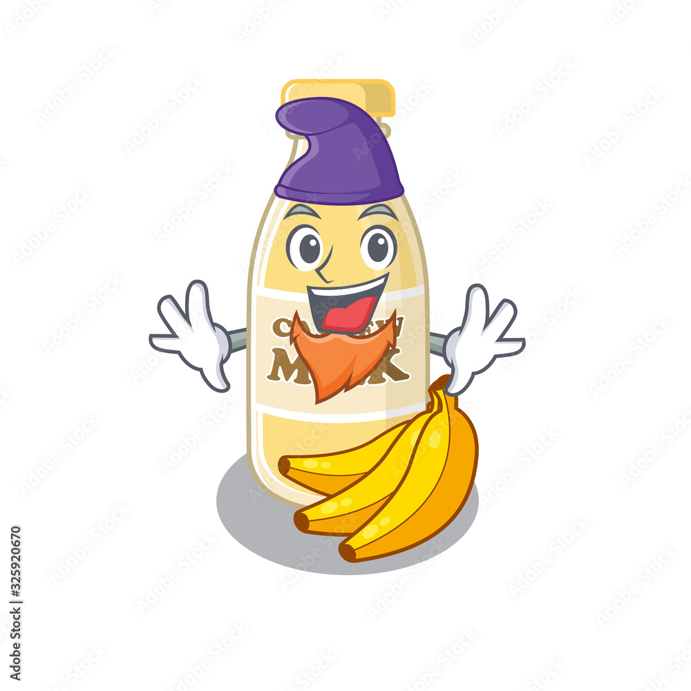 Poster cartoon mascot of funny cashew milk dressed as an Elf