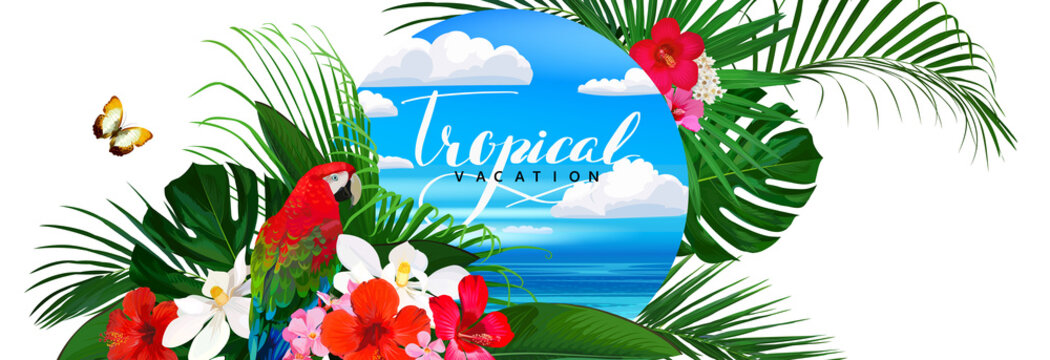 Beautiful tropical vector banner with parrot,hibiscus and magnolia flowers, monstera and palm leaves around blue sky and sea