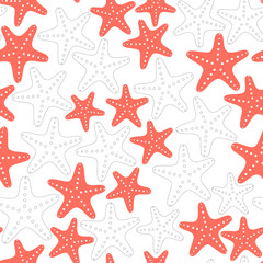 Seamless nautical pattern on white background. Colorful starfish. 