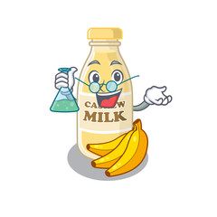 Cool cashew milk Professor cartoon character with glass tube