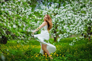 blurred background girl in focus in an Apple blossom garden