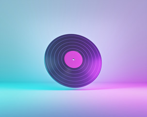 retro vinyl records on pink and blue background. Minimalism concept. 3d rendering