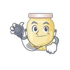 A mascot picture of cashew butter cartoon as a Doctor with tools