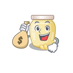 Rich and famous cashew butter cartoon character holding money bag