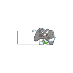 Fototapeta premium Cute funny black joystick cartoon character having a board