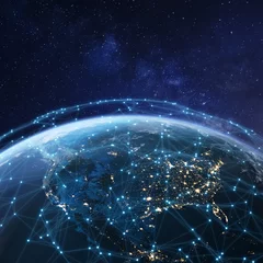 Peel and stick wall murals United States Telecommunication network above North America from space by night with city lights in USA, Canada and Mexico, satellite orbiting Planet Earth for Internet of Things IoT and blockchain technology