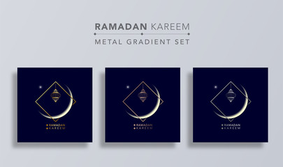 Ramadan Kareem islamic design crescent moon with gold copper and silver square frame on dark blue background.