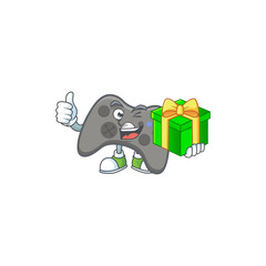 Cute black joystick character holding a gift box